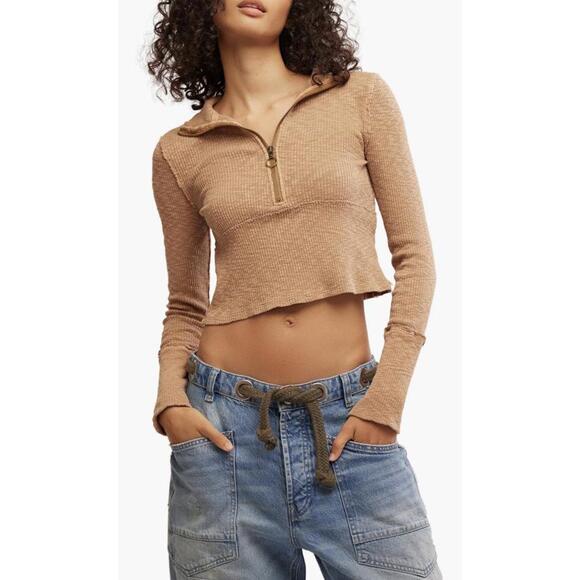 Free People Tops - NWT! Free People Midnight Stretch Cotton Half Zip Crop Top Size Medium